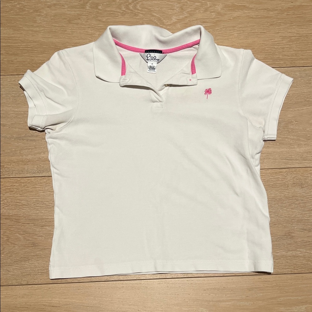 Lilly Pulitzer White Polo with Pink Palm Embroidery